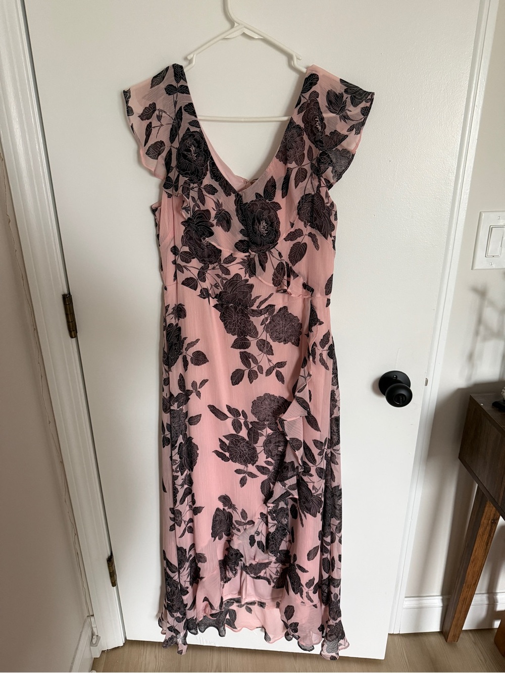 London Times Pink Maxi Dress with Black Floral Overlay